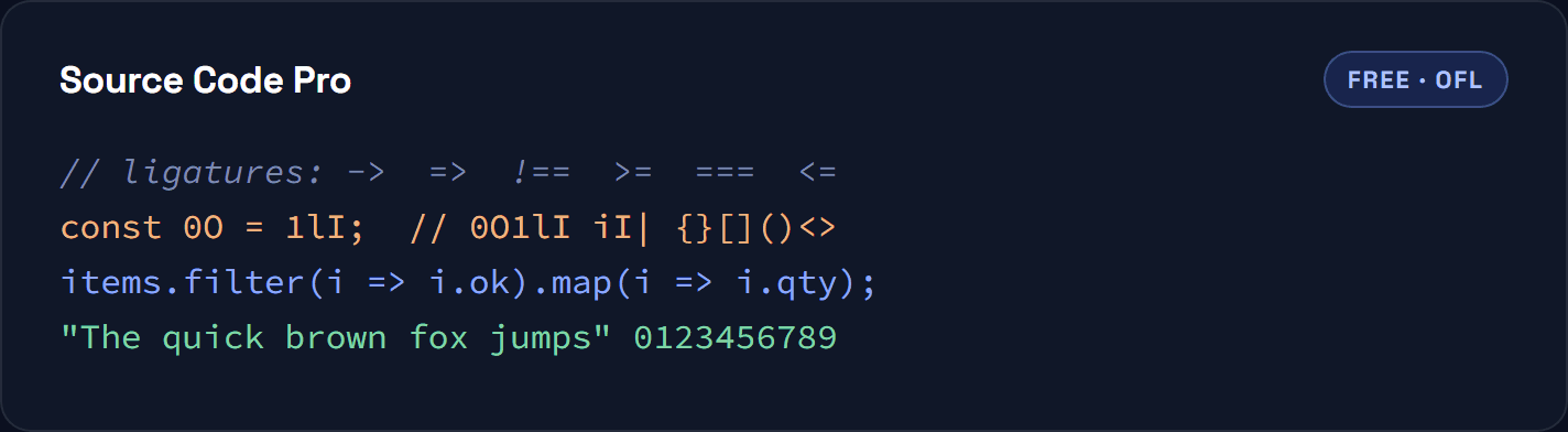 Source Code Pro shown in a code sample with ligatures, ambiguous glyphs and a comment